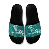 Kia Orana Cook Islands Tapa Floral With Cross Slide Sandals Deep Teal LT7 Deep Teal - Polynesian Pride