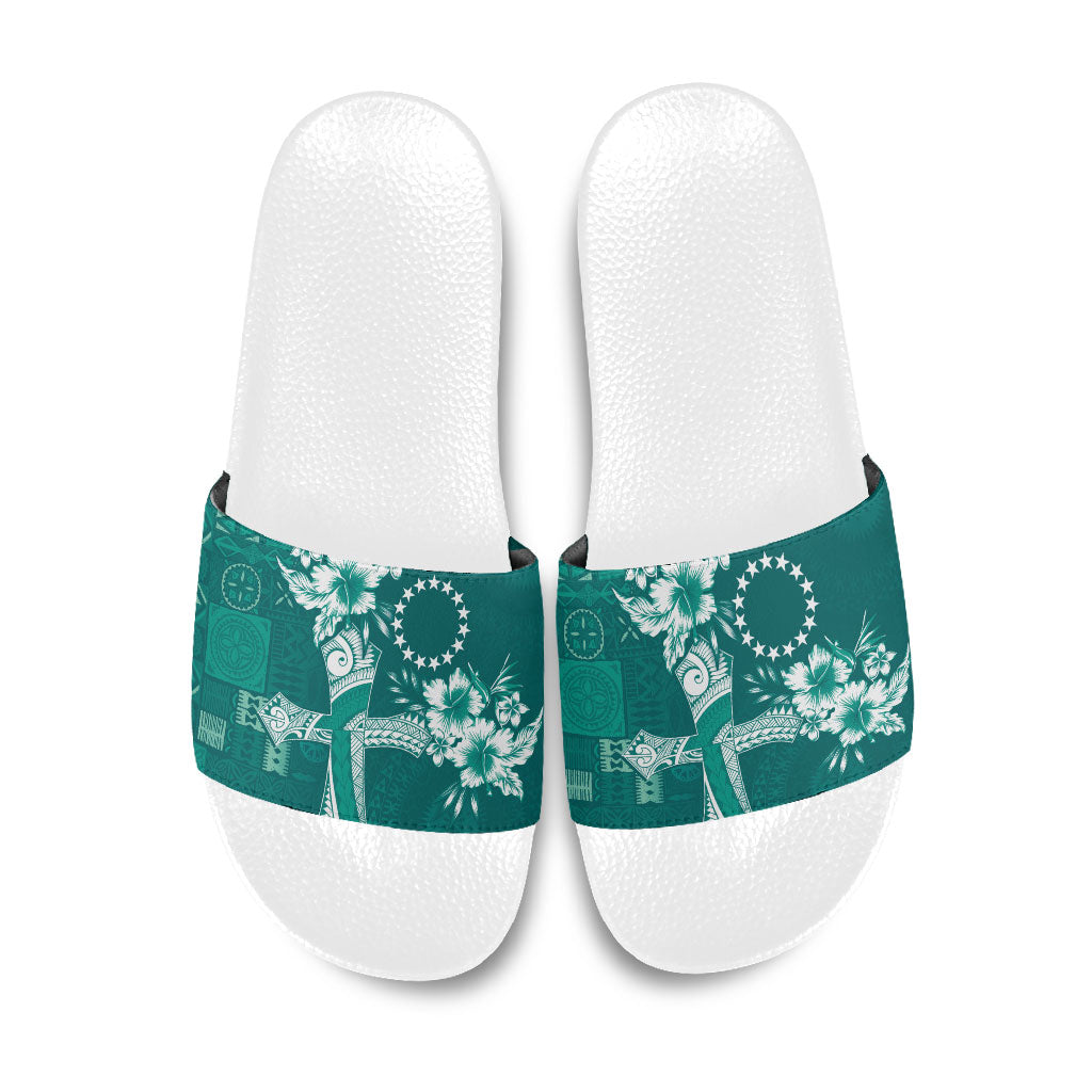 Kia Orana Cook Islands Tapa Floral With Cross Slide Sandals Deep Teal LT7 Deep Teal - Polynesian Pride