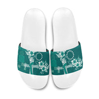 Kia Orana Cook Islands Tapa Floral With Cross Slide Sandals Deep Teal LT7 Deep Teal - Polynesian Pride