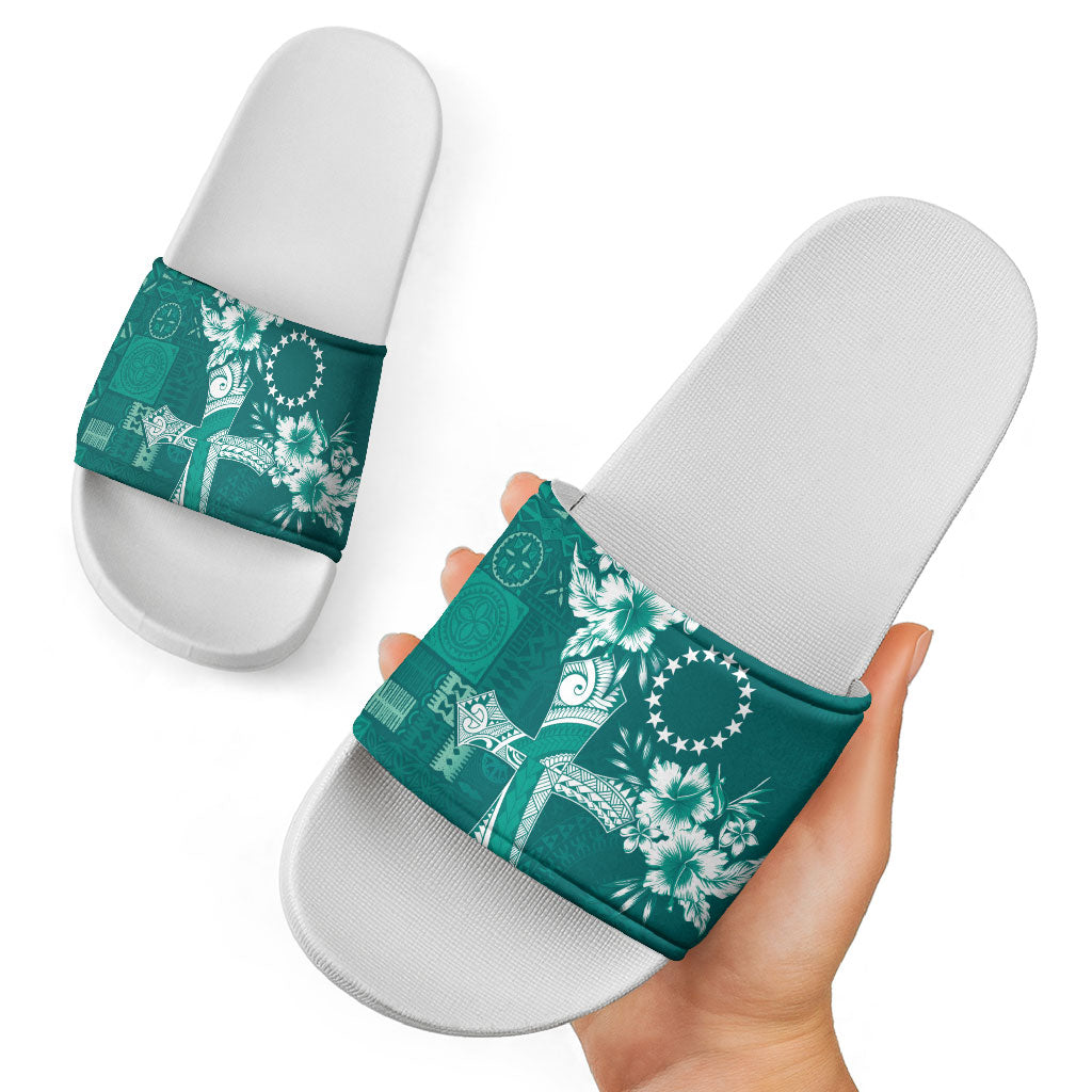Kia Orana Cook Islands Tapa Floral With Cross Slide Sandals Deep Teal LT7 - Polynesian Pride