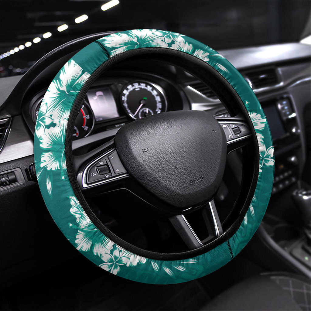 Kia Orana Cook Islands Tapa Floral With Cross Steering Wheel Cover Deep Teal LT7 Universal Fit Deep Teal - Polynesian Pride