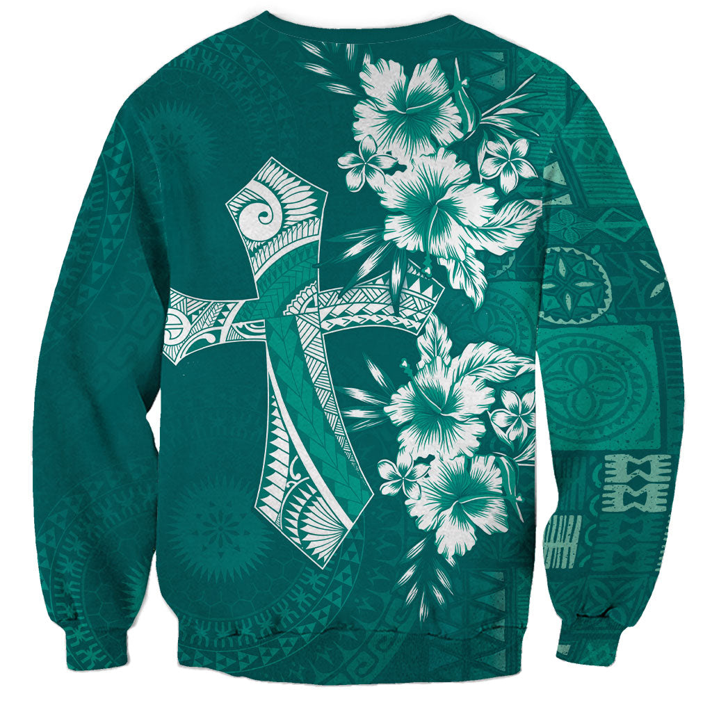 Kia Orana Cook Islands Tapa Floral With Cross Sweatshirt Deep Teal LT7 - Polynesian Pride