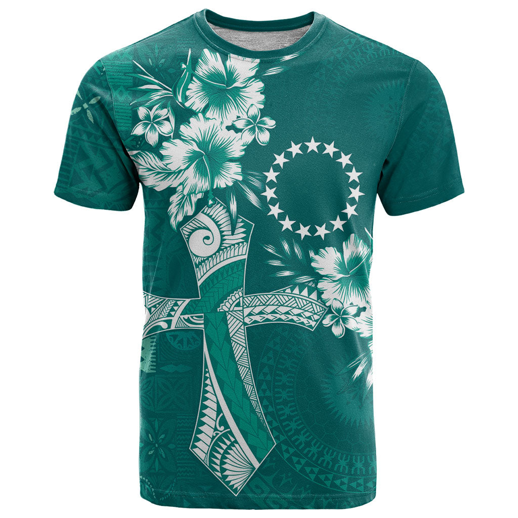 Kia Orana Cook Islands Tapa Floral With Cross T Shirt Deep Teal LT7 Deep Teal - Polynesian Pride