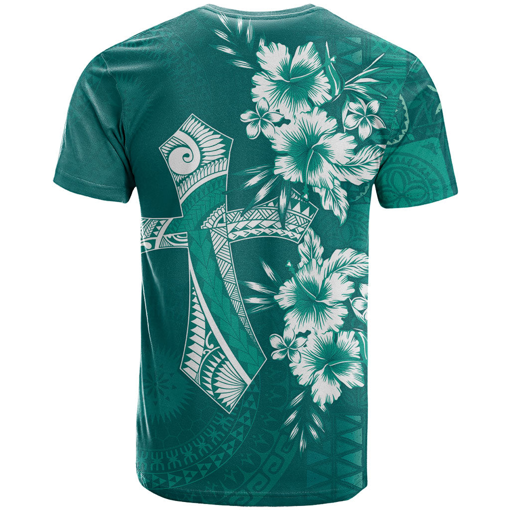 Kia Orana Cook Islands Tapa Floral With Cross T Shirt Deep Teal LT7 - Polynesian Pride