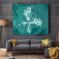 Kia Orana Cook Islands Tapa Floral With Cross Tapestry Deep Teal LT7 Deep Teal - Polynesian Pride