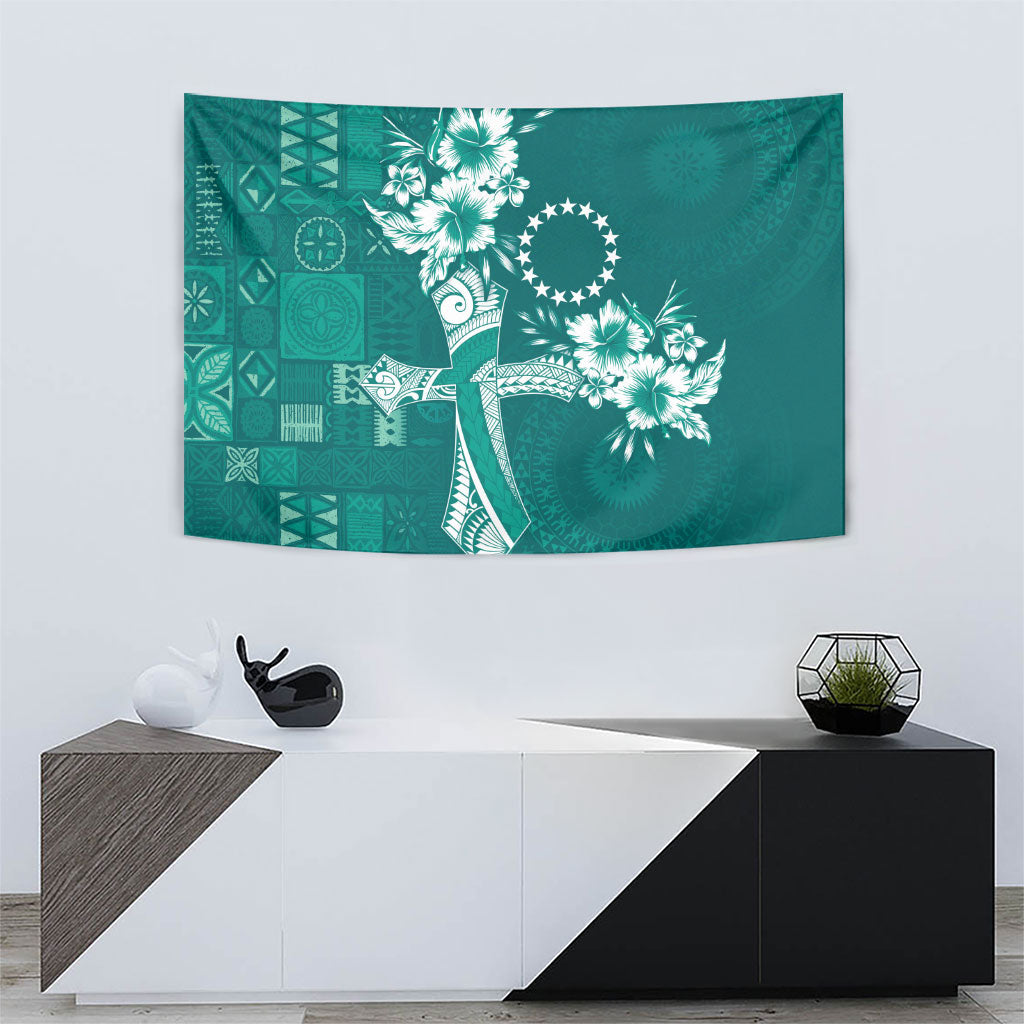 Kia Orana Cook Islands Tapa Floral With Cross Tapestry Deep Teal LT7 - Polynesian Pride