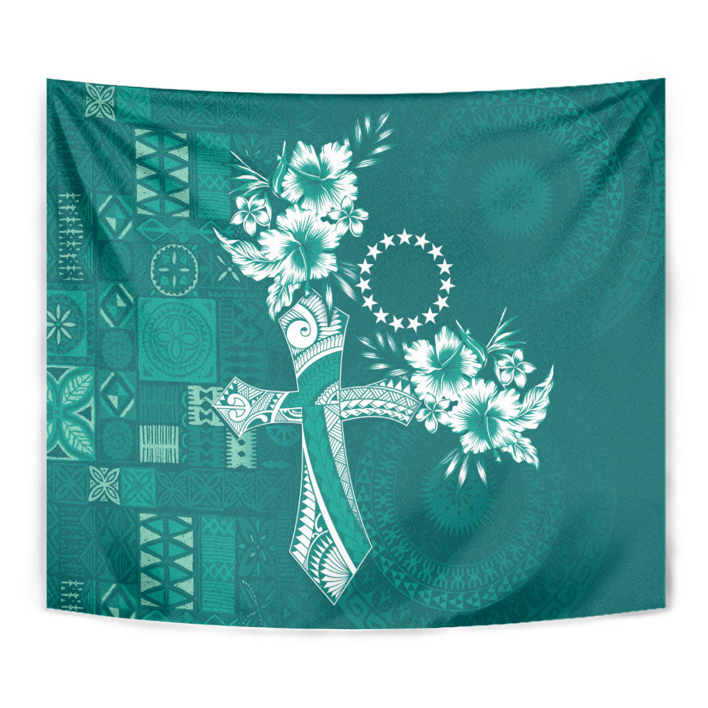 Kia Orana Cook Islands Tapa Floral With Cross Tapestry Deep Teal LT7 - Polynesian Pride