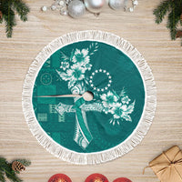 Kia Orana Cook Islands Tapa Floral With Cross Tree Skirt Deep Teal LT7 Fringed Deep Teal - Polynesian Pride