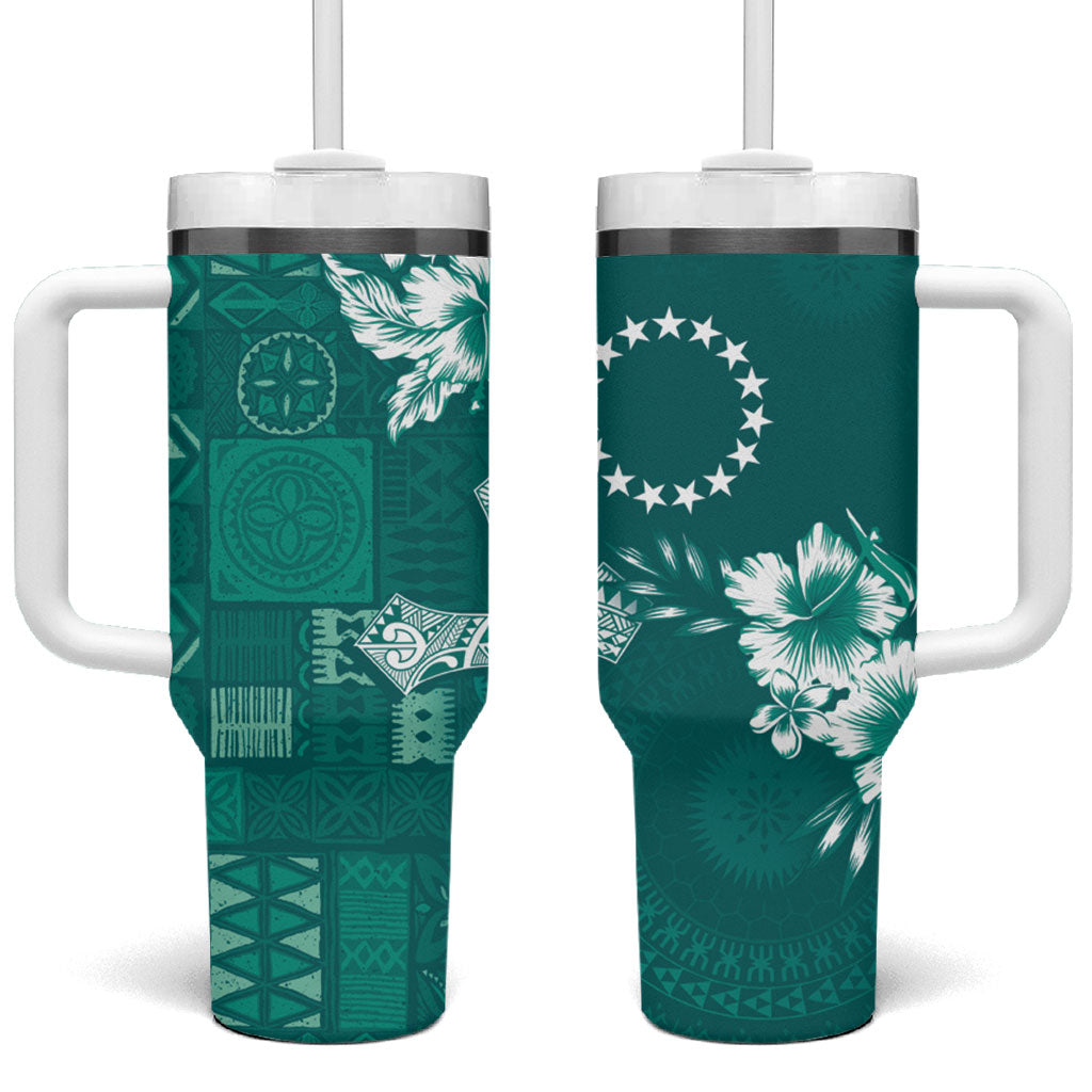 Kia Orana Cook Islands Tapa Floral With Cross Tumbler With Handle Deep Teal