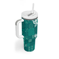 Kia Orana Cook Islands Tapa Floral With Cross Tumbler With Handle Deep Teal LT7 - Polynesian Pride