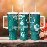 Kia Orana Cook Islands Tapa Floral With Cross Tumbler With Handle Deep Teal LT7 - Polynesian Pride