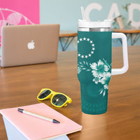 Kia Orana Cook Islands Tapa Floral With Cross Tumbler With Handle Deep Teal LT7 - Polynesian Pride
