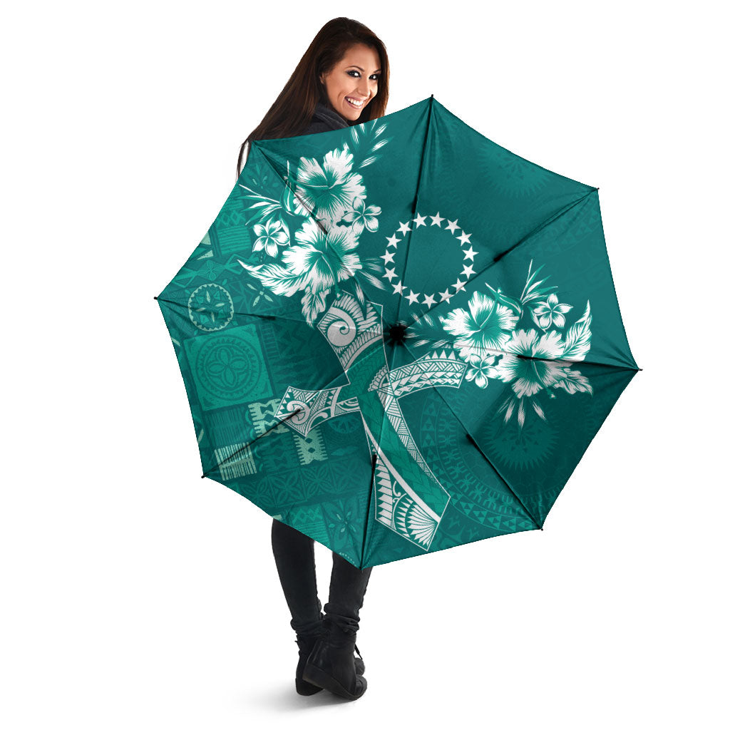 Kia Orana Cook Islands Tapa Floral With Cross Umbrella Deep Teal LT7 - Polynesian Pride