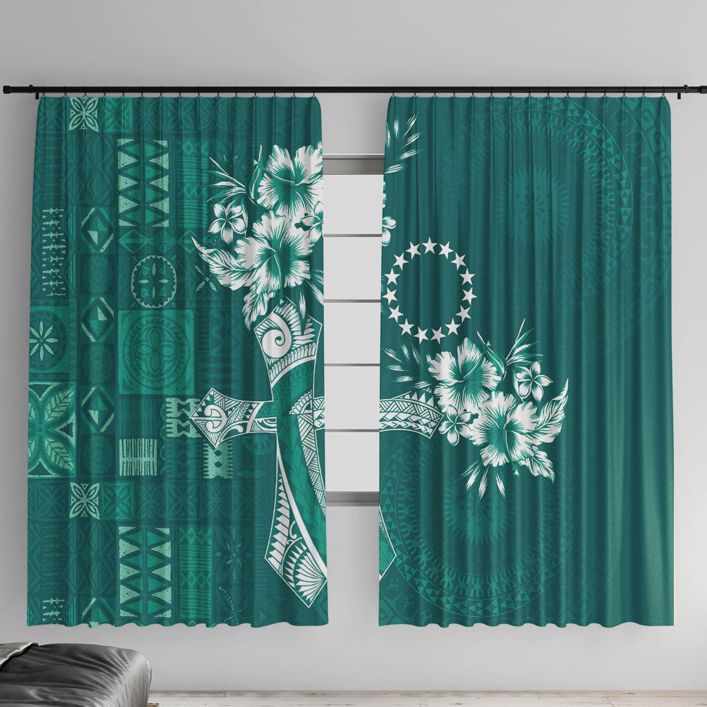 Kia Orana Cook Islands Tapa Floral With Cross Window Curtain Deep Teal LT7 With Hooks Deep Teal - Polynesian Pride