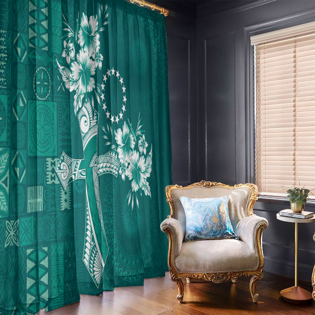 Kia Orana Cook Islands Tapa Floral With Cross Window Curtain Deep Teal LT7 - Polynesian Pride