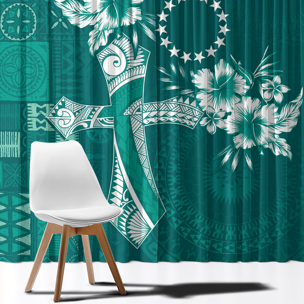 Kia Orana Cook Islands Tapa Floral With Cross Window Curtain Deep Teal LT7 - Polynesian Pride