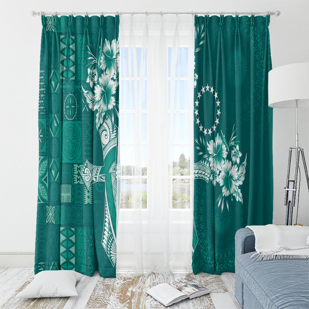 Kia Orana Cook Islands Tapa Floral With Cross Window Curtain Deep Teal LT7 - Polynesian Pride