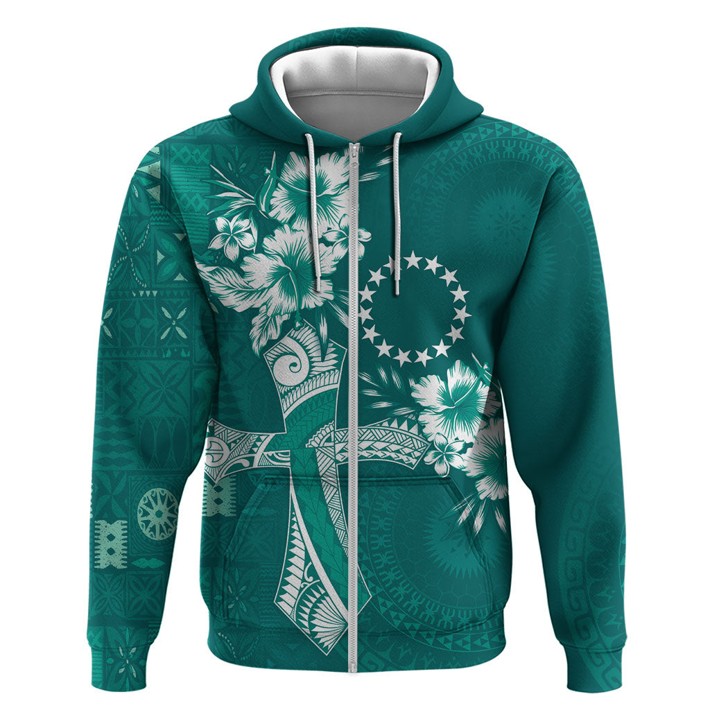 Kia Orana Cook Islands Tapa Floral With Cross Zip Hoodie Deep Teal LT7 Zip Hoodie Deep Teal - Polynesian Pride