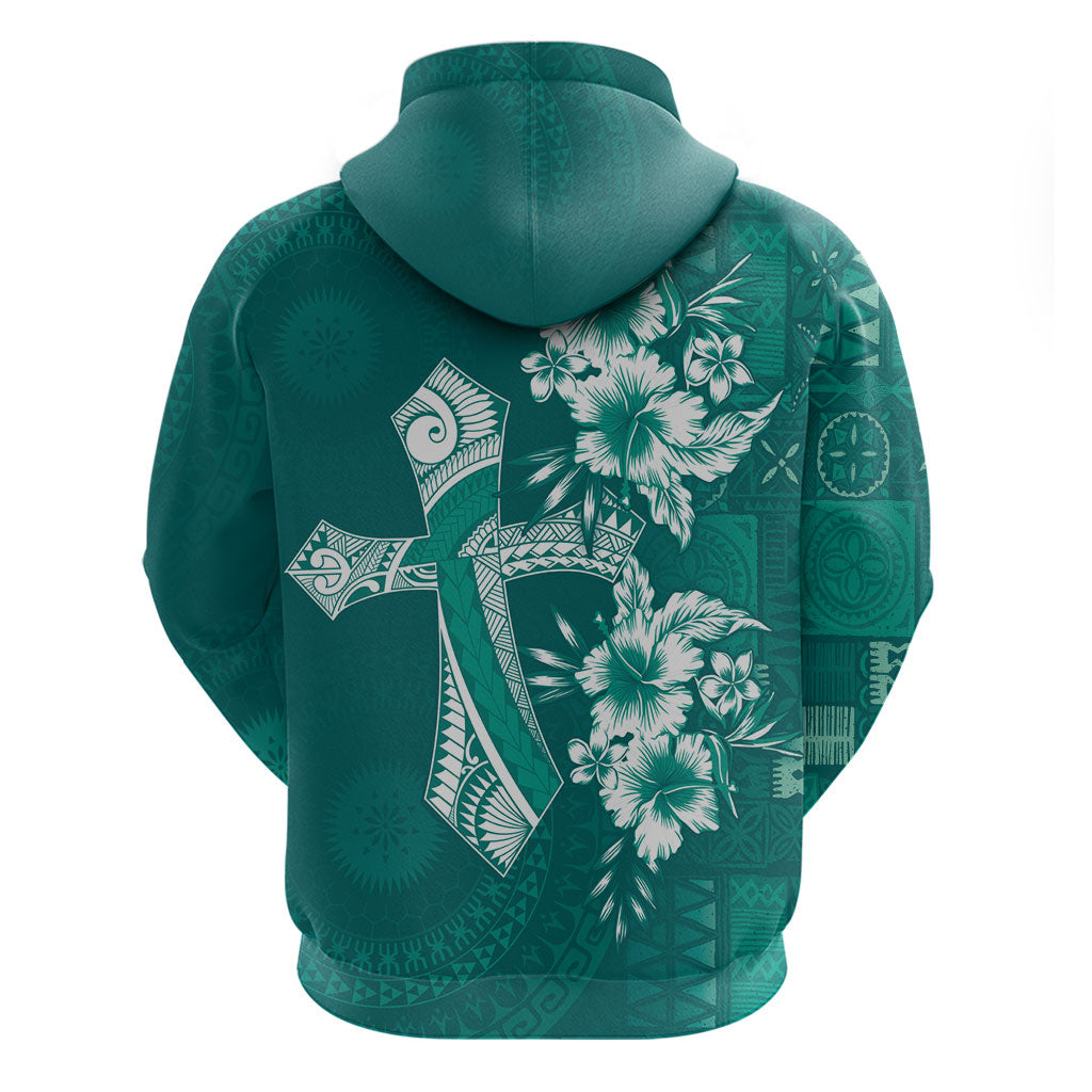 Kia Orana Cook Islands Tapa Floral With Cross Zip Hoodie Deep Teal LT7 - Polynesian Pride