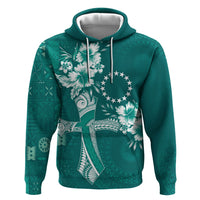 Kia Orana Cook Islands Tapa Floral With Cross Zip Hoodie Deep Teal LT7 Pullover Hoodie Deep Teal - Polynesian Pride