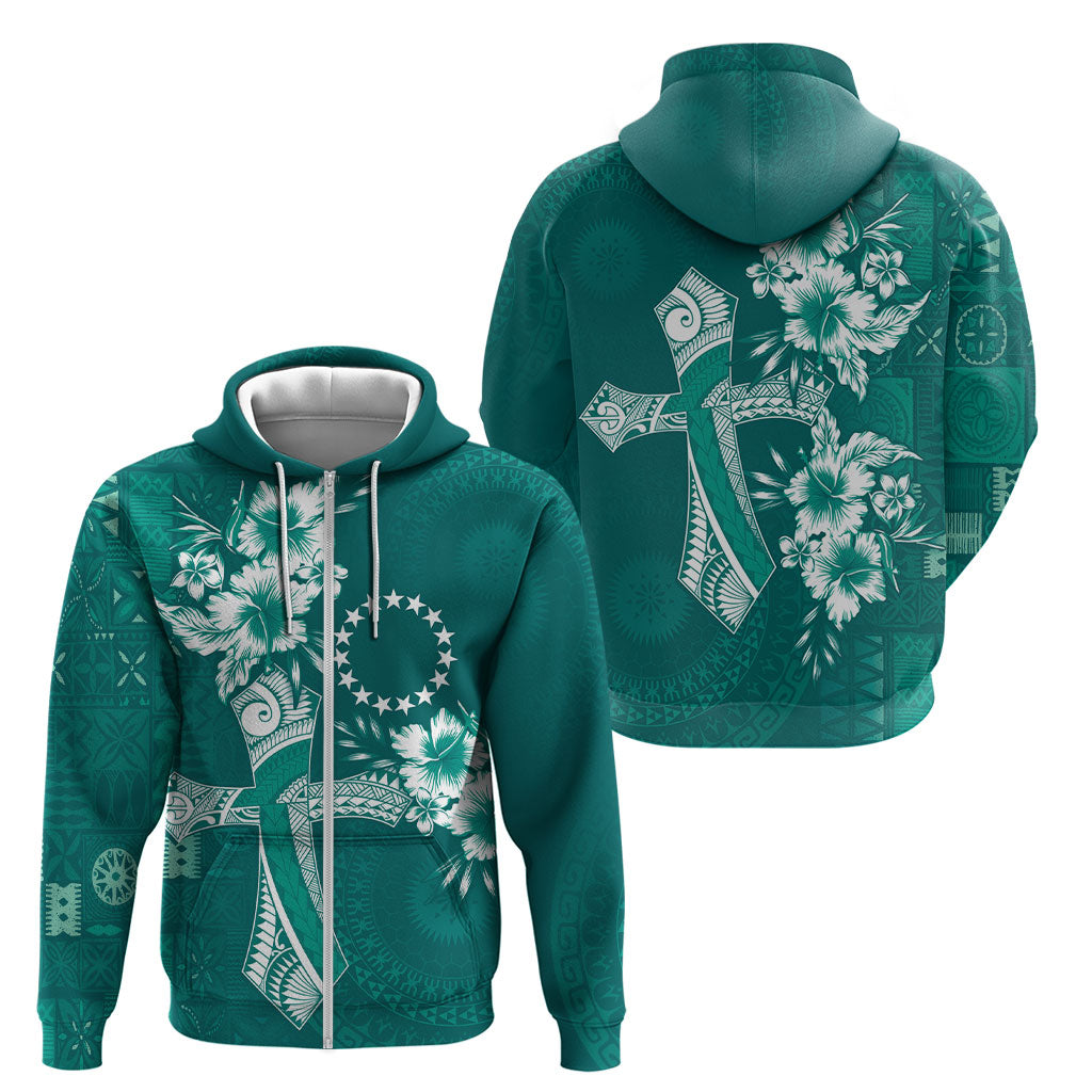 Kia Orana Cook Islands Tapa Floral With Cross Zip Hoodie Deep Teal LT7 - Polynesian Pride