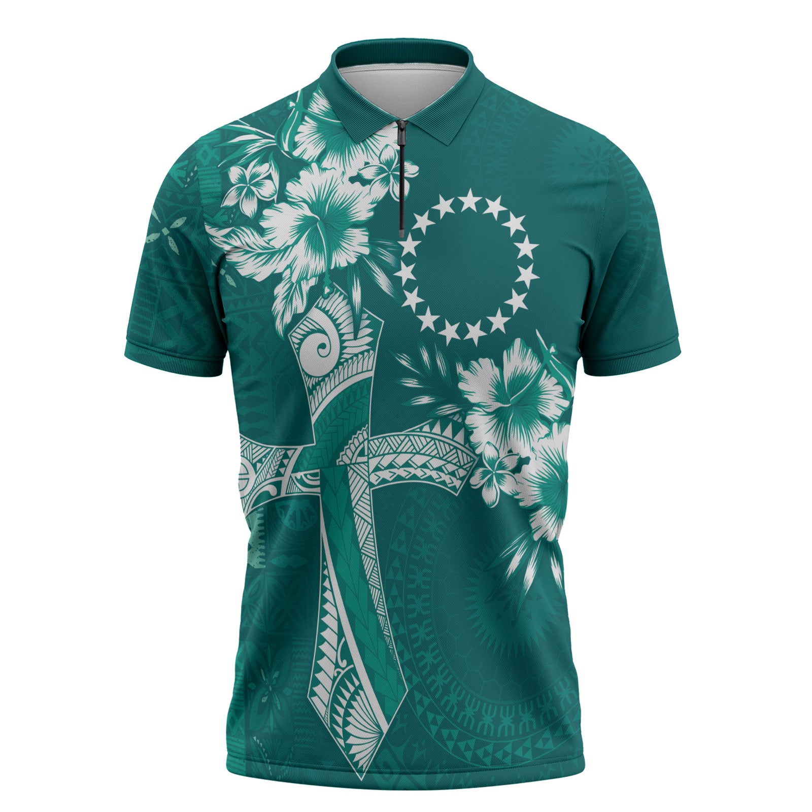Kia Orana Cook Islands Tapa Floral With Cross Zipper Polo Shirt Deep Teal LT7 Deep Teal - Polynesian Pride