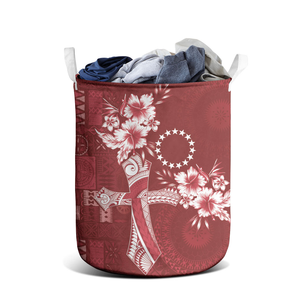 Kia Orana Cook Islands Tapa Floral With Cross Laundry Basket Crimson Red LT7 - Polynesian Pride