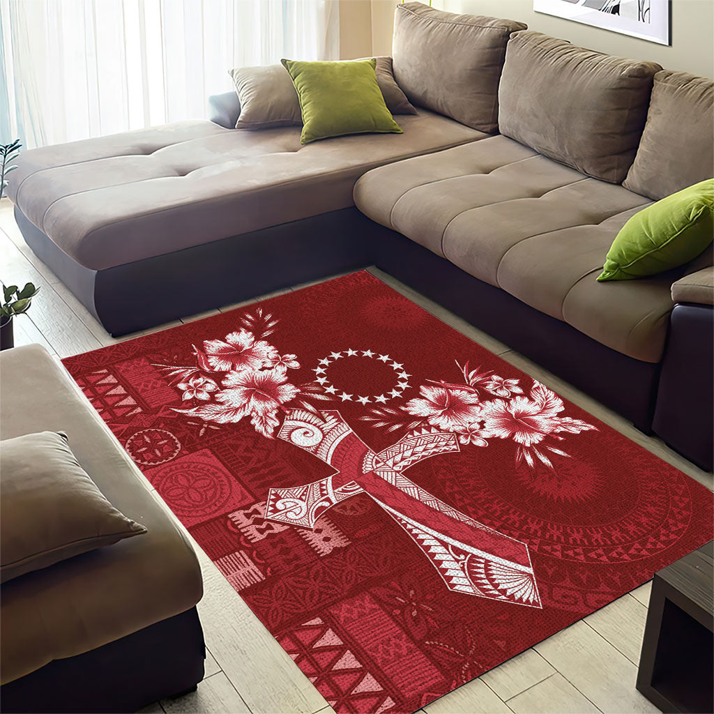 Kia Orana Cook Islands Tapa Floral With Cross Area Rug Crimson Red LT7 - Polynesian Pride