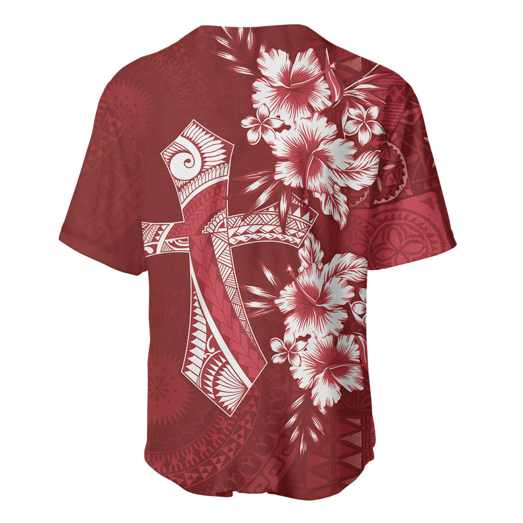 Kia Orana Cook Islands Tapa Floral With Cross Baseball Jersey Crimson Red LT7 - Polynesian Pride