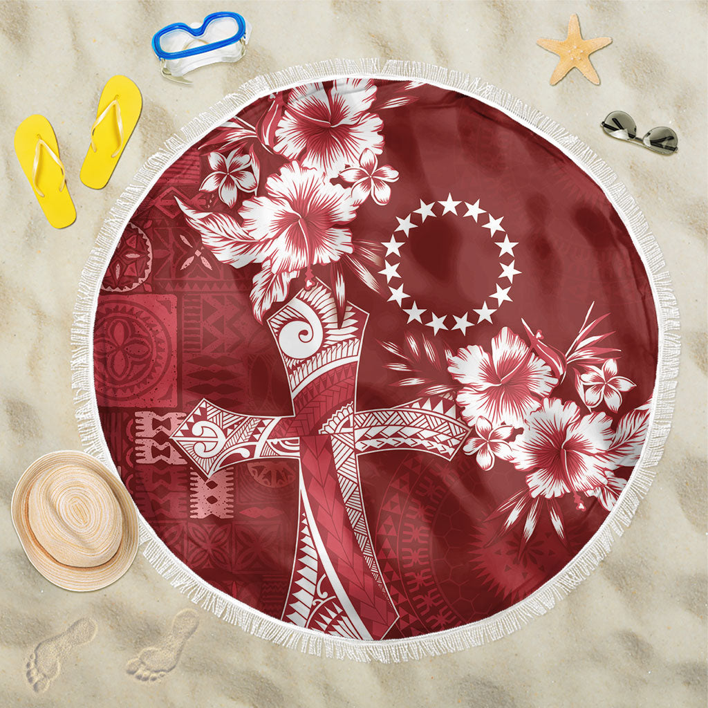 Kia Orana Cook Islands Tapa Floral With Cross Beach Blanket Crimson Red