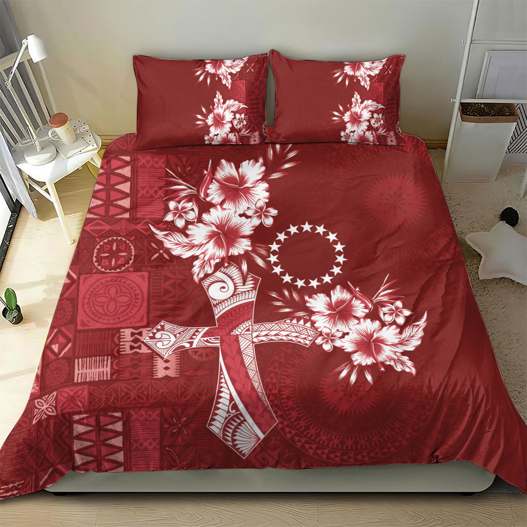 Kia Orana Cook Islands Tapa Floral With Cross Bedding Set Crimson Red LT7 - Polynesian Pride
