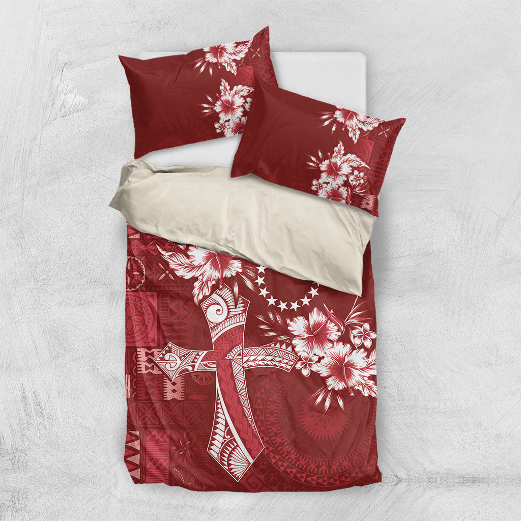 Kia Orana Cook Islands Tapa Floral With Cross Bedding Set Crimson Red LT7 US Twin 172cm x 218cm Crimson Red - Polynesian Pride
