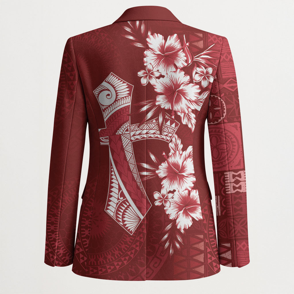 Kia Orana Cook Islands Tapa Floral With Cross Blazer Crimson Red