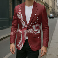 Kia Orana Cook Islands Tapa Floral With Cross Blazer Crimson Red