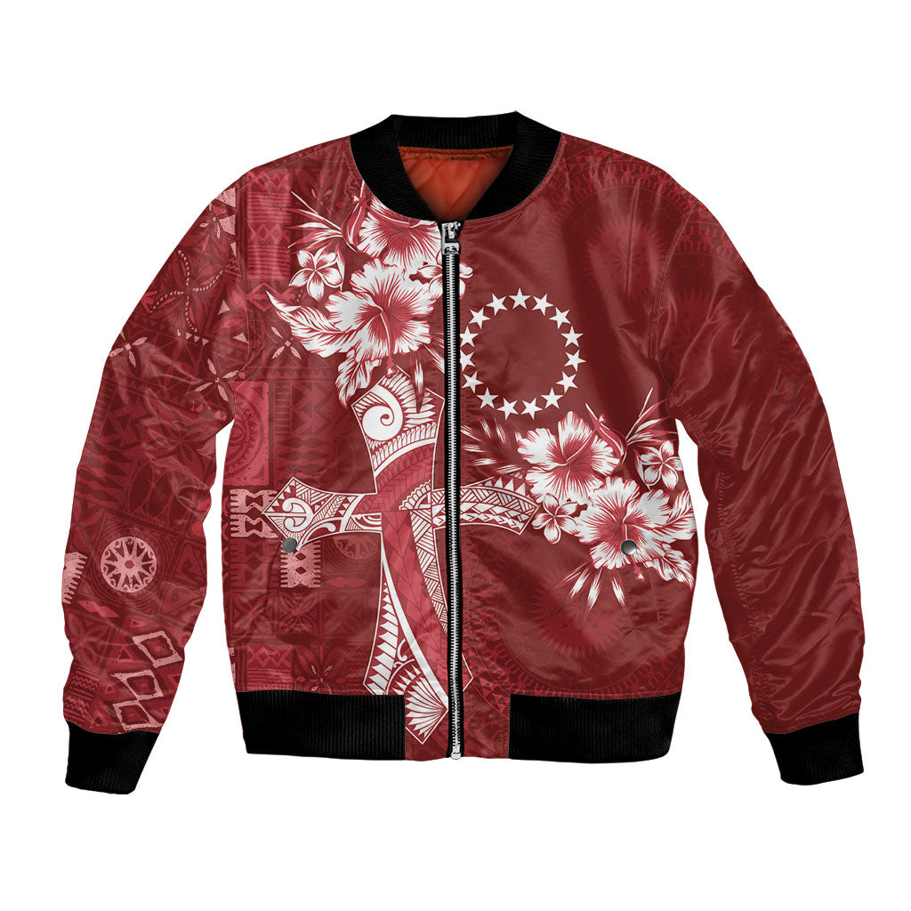 Kia Orana Cook Islands Tapa Floral With Cross Bomber Jacket Crimson Red LT7 Unisex Crimson Red - Polynesian Pride