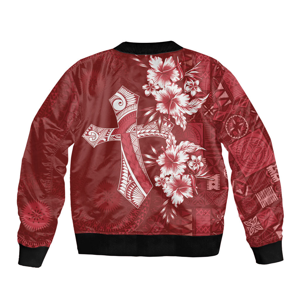 Kia Orana Cook Islands Tapa Floral With Cross Bomber Jacket Crimson Red LT7 - Polynesian Pride