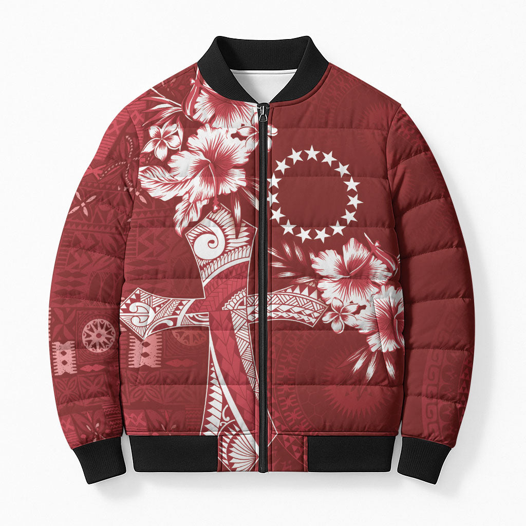 Kia Orana Cook Islands Tapa Floral With Cross Bomber Puffer Jacket Crimson Red LT7 Unisex Crimson Red - Polynesian Pride