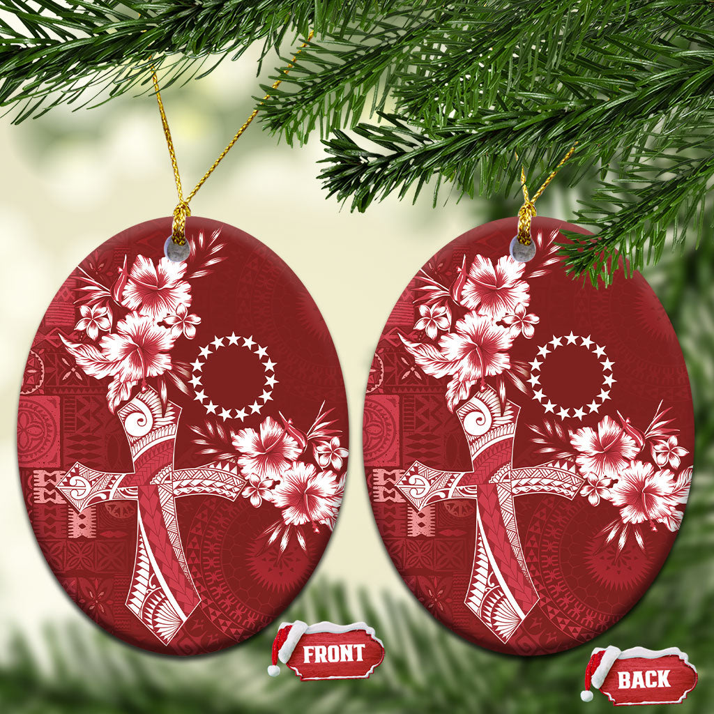 Kia Orana Cook Islands Tapa Floral With Cross Ceramic Ornament Crimson Red LT7 Oval Crimson Red - Polynesian Pride