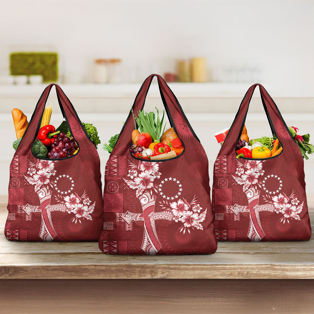 Kia Orana Cook Islands Tapa Floral With Cross Grocery Bag Crimson Red LT7 3-pack One Size Crimson Red - Polynesian Pride