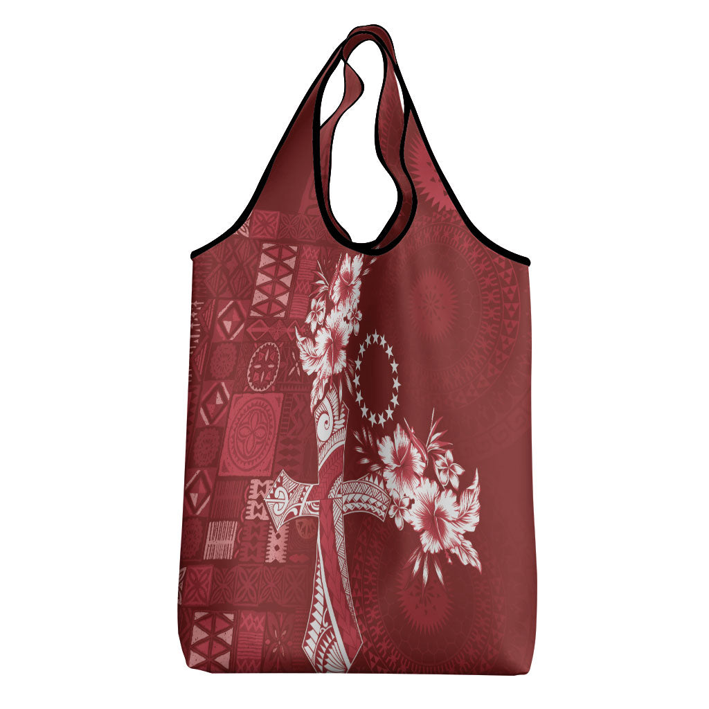 Kia Orana Cook Islands Tapa Floral With Cross Grocery Bag Crimson Red LT7 - Polynesian Pride
