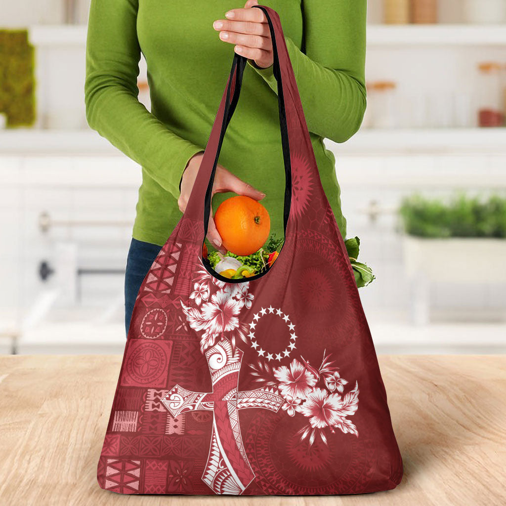 Kia Orana Cook Islands Tapa Floral With Cross Grocery Bag Crimson Red LT7 - Polynesian Pride