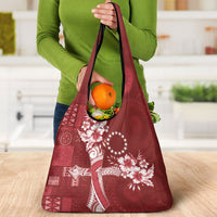Kia Orana Cook Islands Tapa Floral With Cross Grocery Bag Crimson Red LT7 - Polynesian Pride