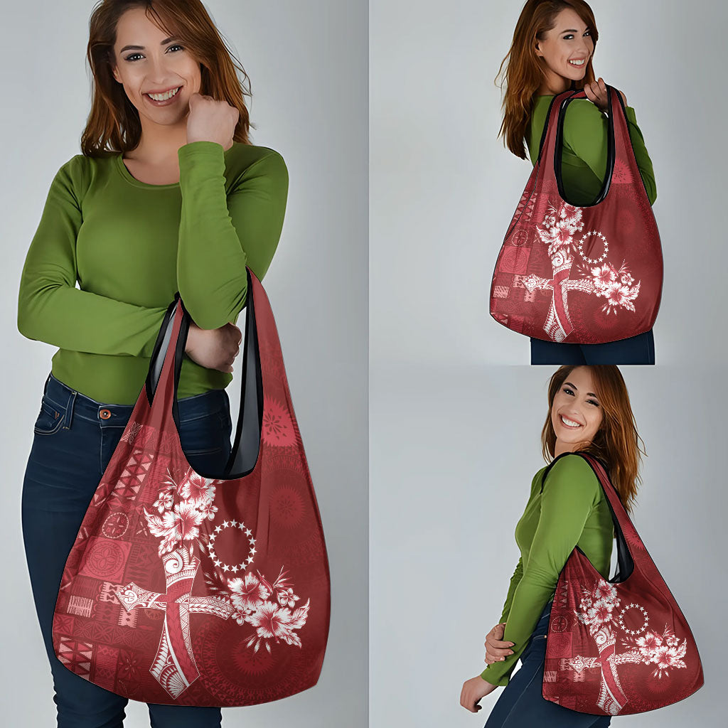 Kia Orana Cook Islands Tapa Floral With Cross Grocery Bag Crimson Red LT7 - Polynesian Pride