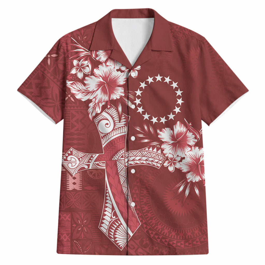 Kia Orana Cook Islands Tapa Floral With Cross Hawaiian Shirt Crimson Red LT7 Crimson Red - Polynesian Pride