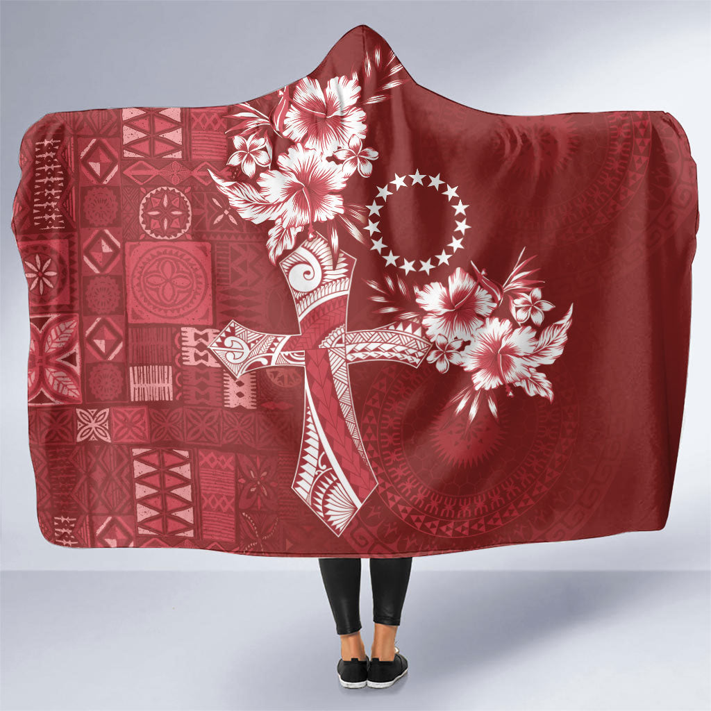Kia Orana Cook Islands Tapa Floral With Cross Hooded Blanket Crimson Red LT7 One Size Crimson Red - Polynesian Pride