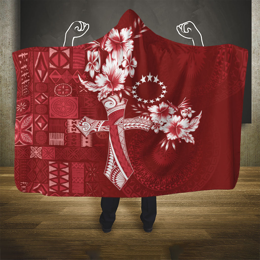 Kia Orana Cook Islands Tapa Floral With Cross Hooded Blanket Crimson Red LT7 - Polynesian Pride