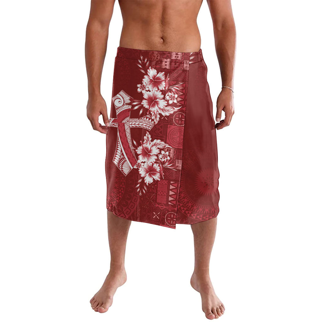 Kia Orana Cook Islands Tapa Floral With Cross Lavalava Crimson Red LT7 Crimson Red - Polynesian Pride