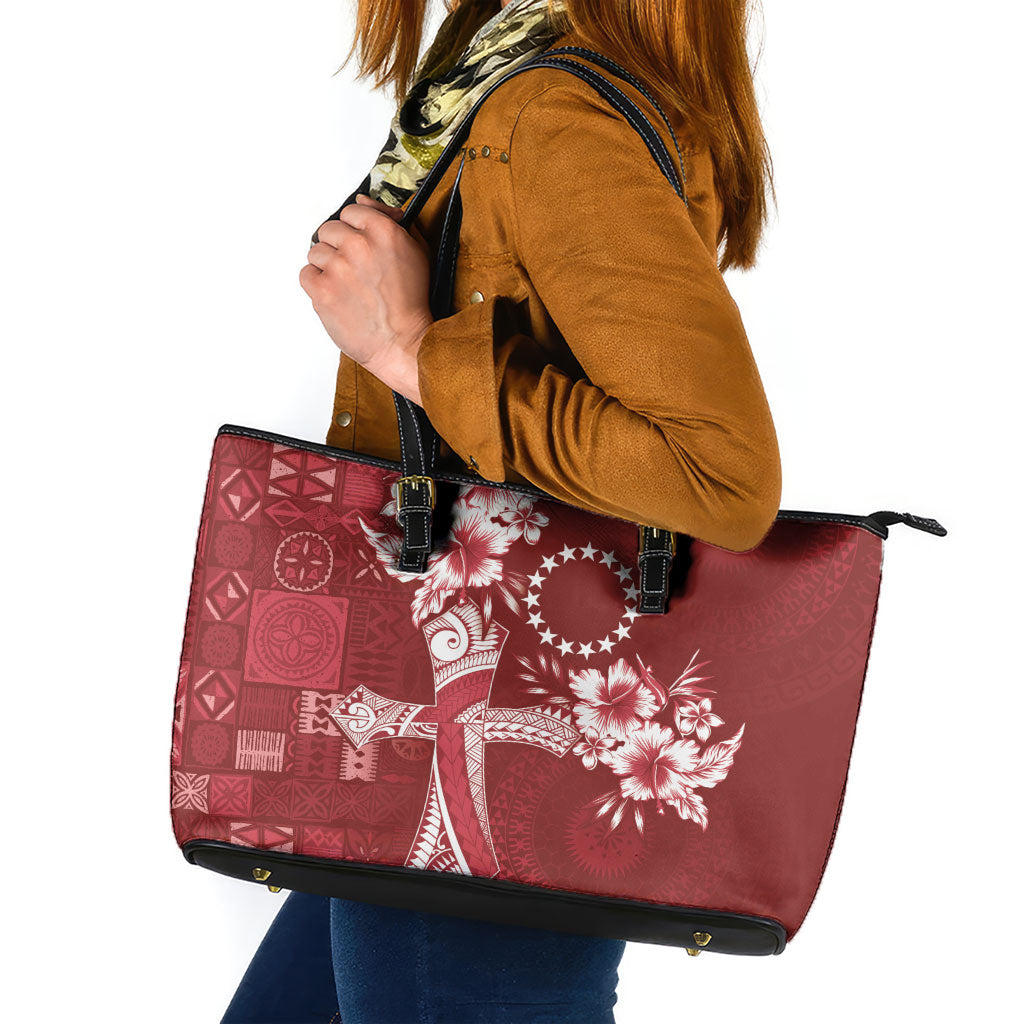 Kia Orana Cook Islands Tapa Floral With Cross Leather Tote Bag Crimson Red LT7 Crimson Red - Polynesian Pride
