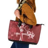 Kia Orana Cook Islands Tapa Floral With Cross Leather Tote Bag Crimson Red LT7 Crimson Red - Polynesian Pride