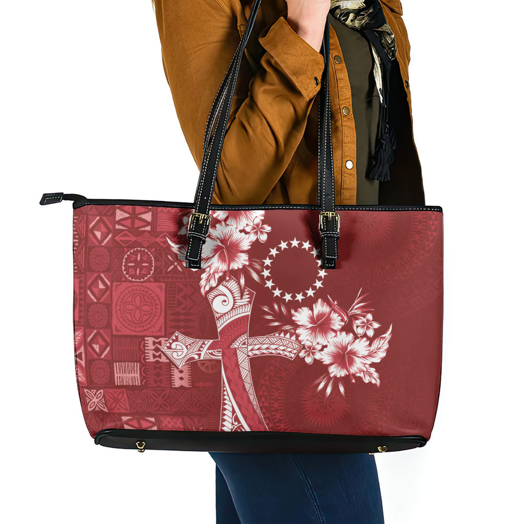 Kia Orana Cook Islands Tapa Floral With Cross Leather Tote Bag Crimson Red LT7 - Polynesian Pride